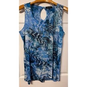 B.L.E.U. Womens Blue Abstract Peacock Rhinestone‎ Keyhole Tank Top XL